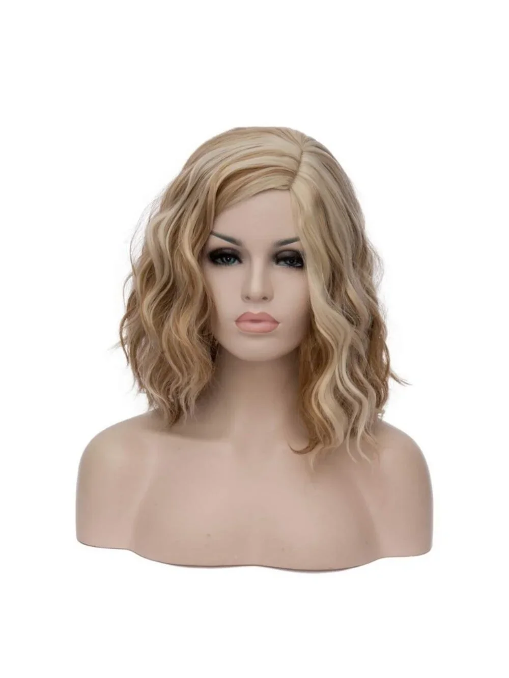 Women's 14 Inch Blonde Brown Wavy Bob Wig Short Curly Synthetic Heat Resistant